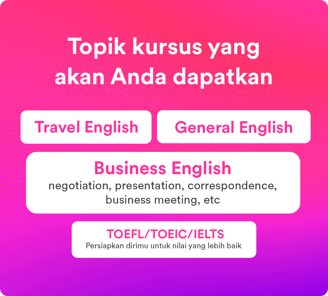 Topics-Mobile topik kursus bahasa Inggris di EF EFEKTA: Travel English, General English, Business English (negosiasi, presentasi, korespondensi), dan persiapan ujian TOEFL/TOEIC/IELTS